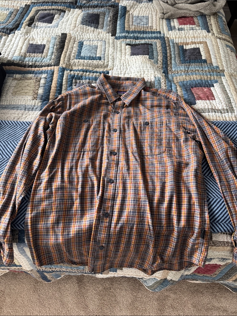 Patagonia Men's Plaid Button-Down Shirt in Orange and Brown
